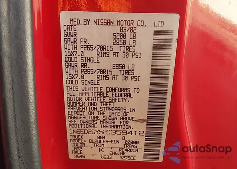 2002 Nissan Frontier Xe-V6 z USA, uszkodzony, nr VIN 1N6ED26Y52C359412